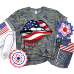 Load image into Gallery viewer, Flag lips on vintage camo tee
